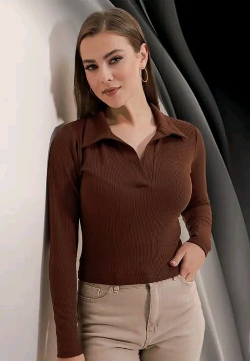 Stylish Polyester Blend Ribbed Collar V-Neck & Regular Long Sleeves Stylish Coffee Top (20"Inches)