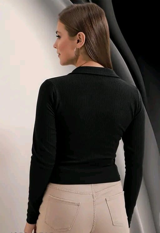 Stylish Polyester Blend Ribbed Collar V-Neck & Regular Long Sleeves Stylish Coffee Top (20"Inches)