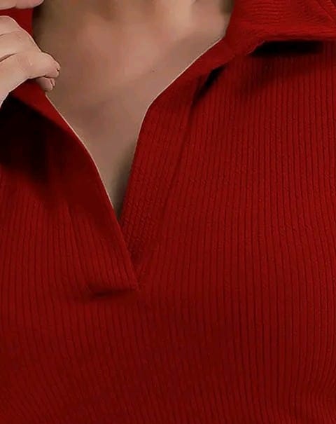 Stylish Polyester Blend Ribbed Collar V-Neck & Regular Long Sleeves Stylish Coffee Top (20"Inches)