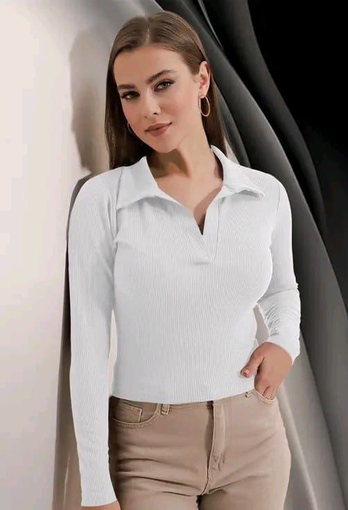 Stylish Polyester Blend Ribbed Collar V-Neck & Regular Long Sleeves Stylish Coffee Top (20"Inches)