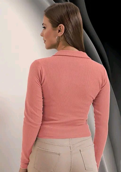 Stylish Polyester Blend Ribbed Collar V-Neck & Regular Long Sleeves Stylish Coffee Top (20"Inches)