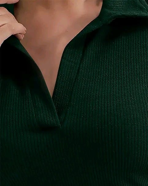 Stylish Polyester Blend Ribbed Collar V-Neck & Regular Long Sleeves Stylish Coffee Top (20"Inches)
