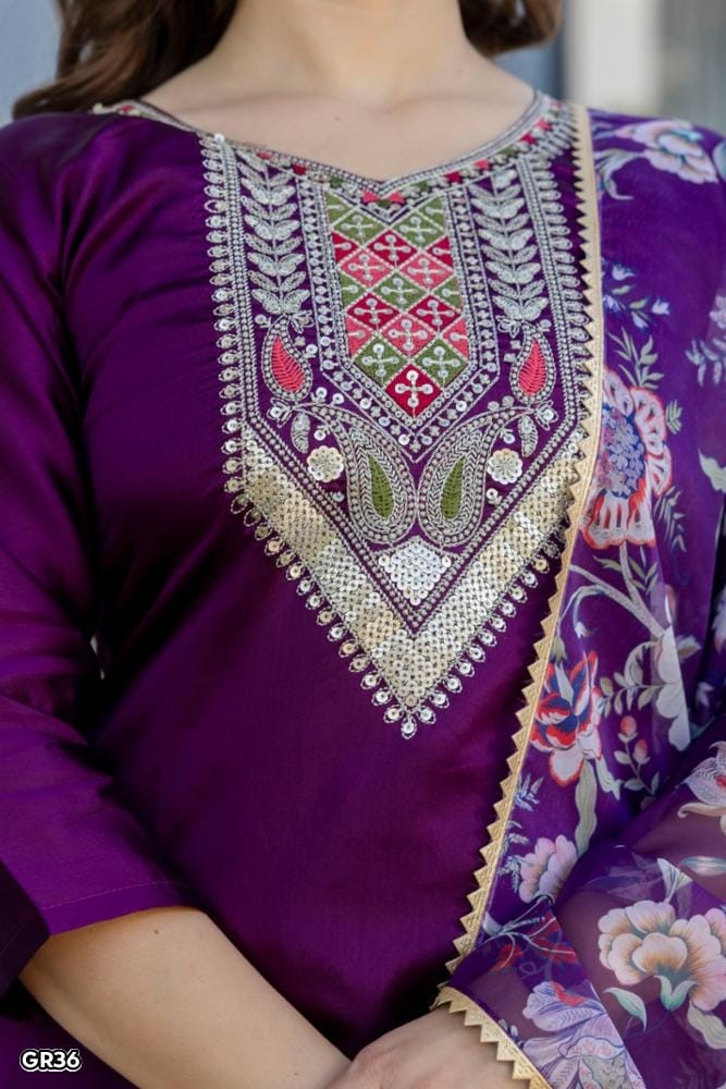 Women's Purple Chanderi Cotton Embroidered Kurta Set with Jacquard Organza Dupatta