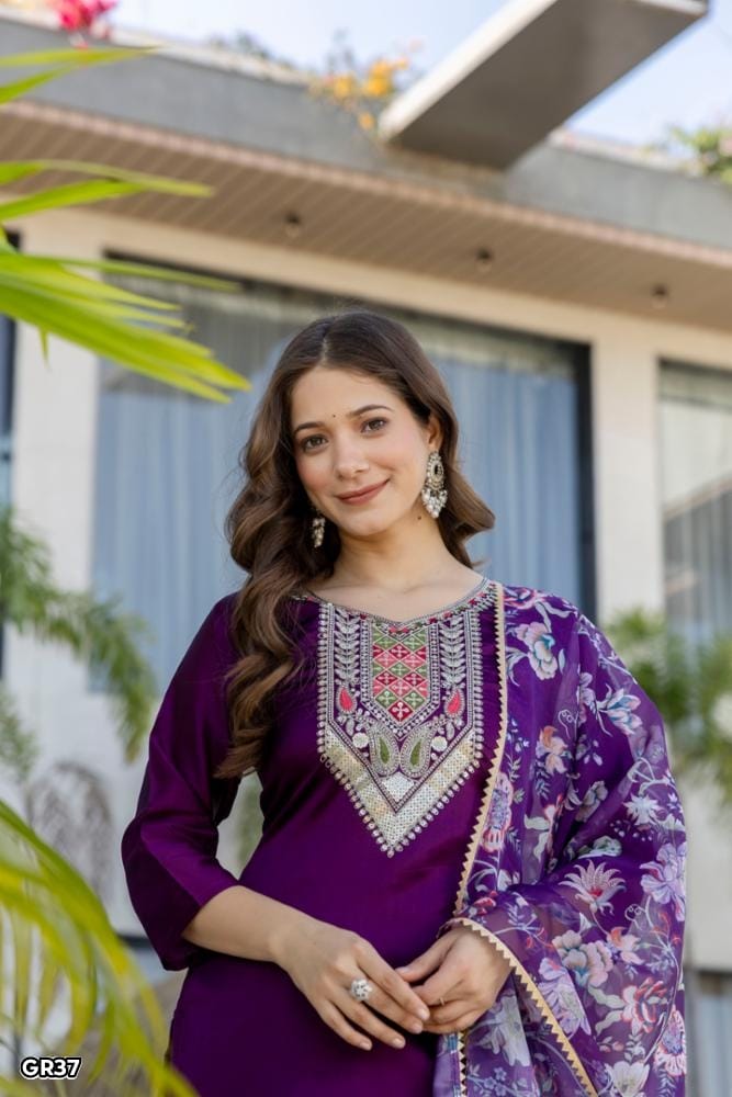 Women's Purple Chanderi Cotton Embroidered Kurta Set with Jacquard Organza Dupatta