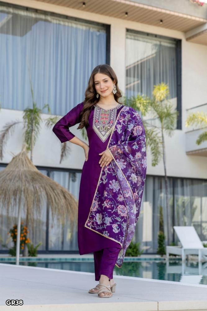 Women's Purple Chanderi Cotton Embroidered Kurta Set with Jacquard Organza Dupatta
