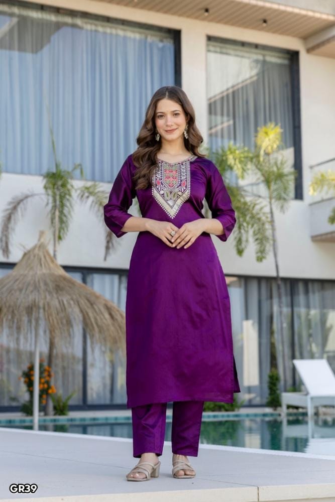 Women's Purple Chanderi Cotton Embroidered Kurta Set with Jacquard Organza Dupatta