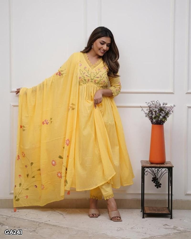 Elegant Cotton Embroidery Kurti Pant Dupatta