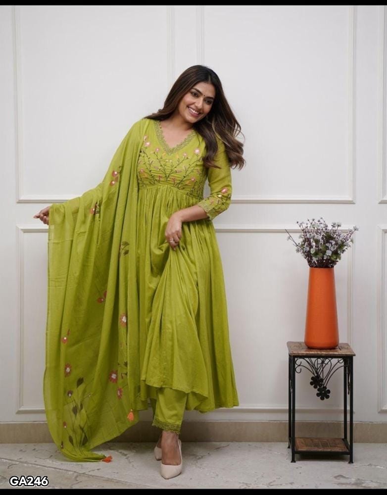 Elegant Cotton Embroidery Kurti Pant Dupatta