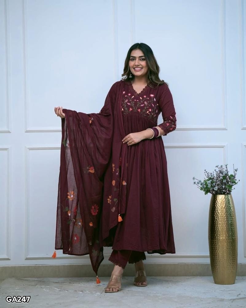 Elegant Cotton Embroidery Kurti Pant Dupatta