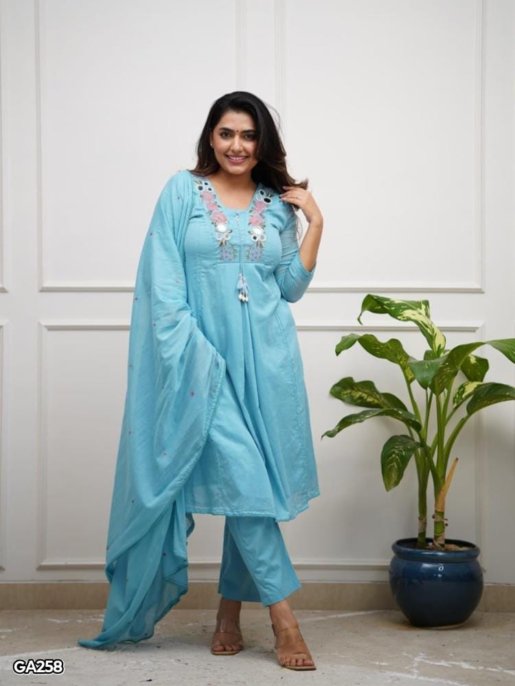 Cotton Embroidery Mirror Work Kurta Pant Set with Dupatta