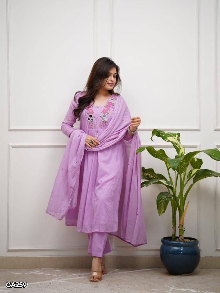 Cotton Embroidery Mirror Work Kurta Pant Set with Dupatta
