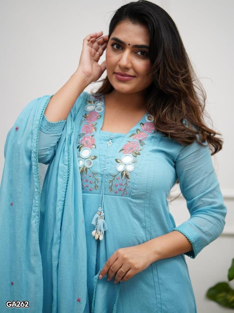 Cotton Embroidery Mirror Work Kurta Pant Set with Dupatta