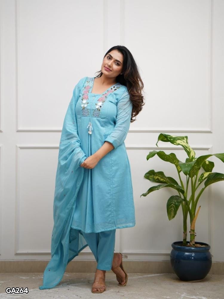 Cotton Embroidery Mirror Work Kurta Pant Set with Dupatta