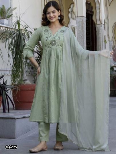 Cotton Kurta Pant Set with Dupatta for Women, Floral Yoke