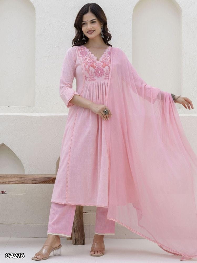 Cotton Kurta Pant Set with Dupatta for Women, Floral Yoke