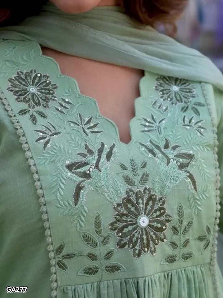 Cotton Kurta Pant Set with Dupatta for Women, Floral Yoke