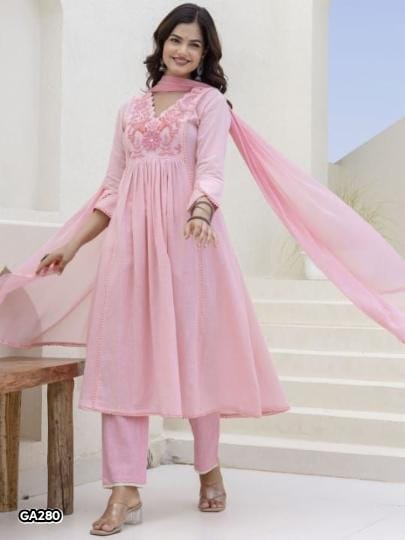 Cotton Kurta Pant Set with Dupatta for Women, Floral Yoke