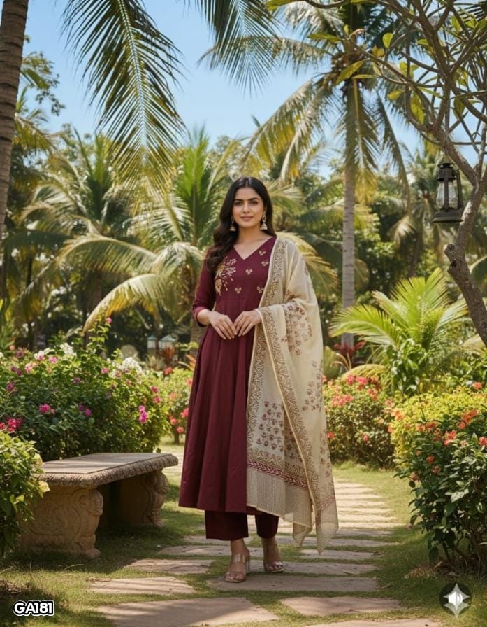 Beautiful Cotton Embroidered Anarkali Kurta Pant Set with Malmal Dupatta