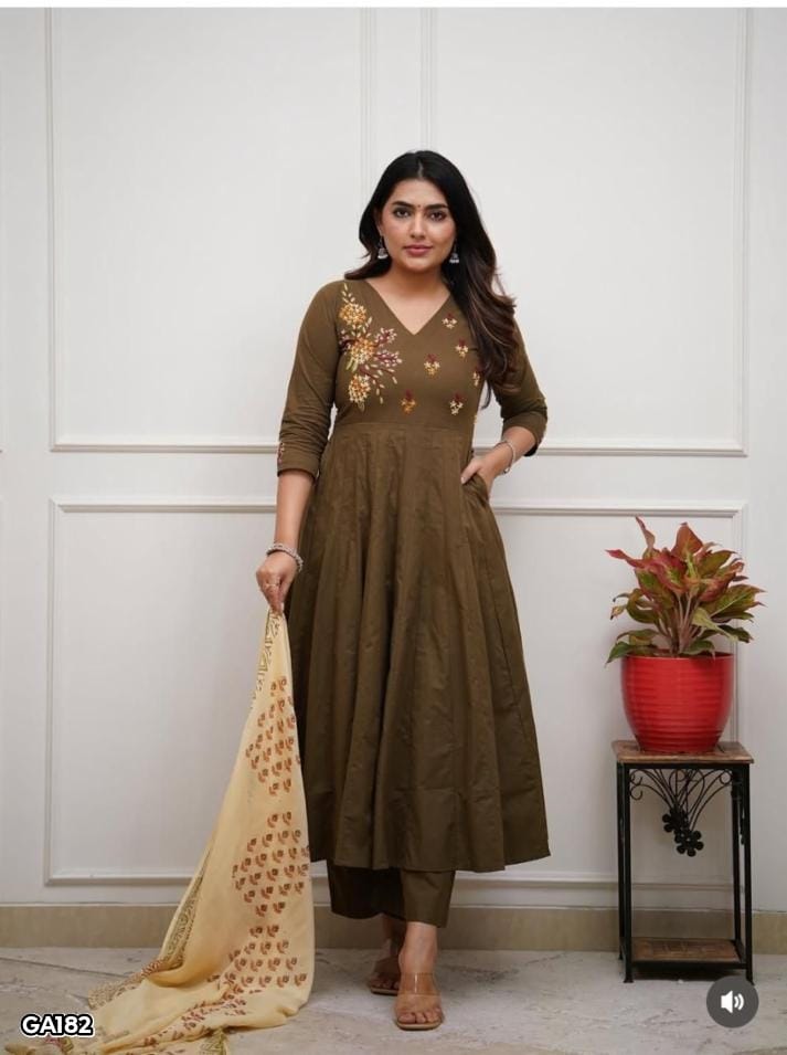 Beautiful Cotton Embroidered Anarkali Kurta Pant Set with Malmal Dupatta