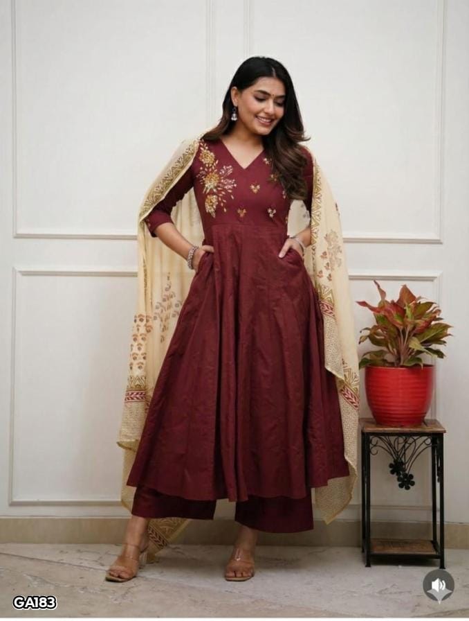 Beautiful Cotton Embroidered Anarkali Kurta Pant Set with Malmal Dupatta