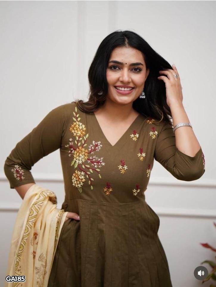 Beautiful Cotton Embroidered Anarkali Kurta Pant Set with Malmal Dupatta