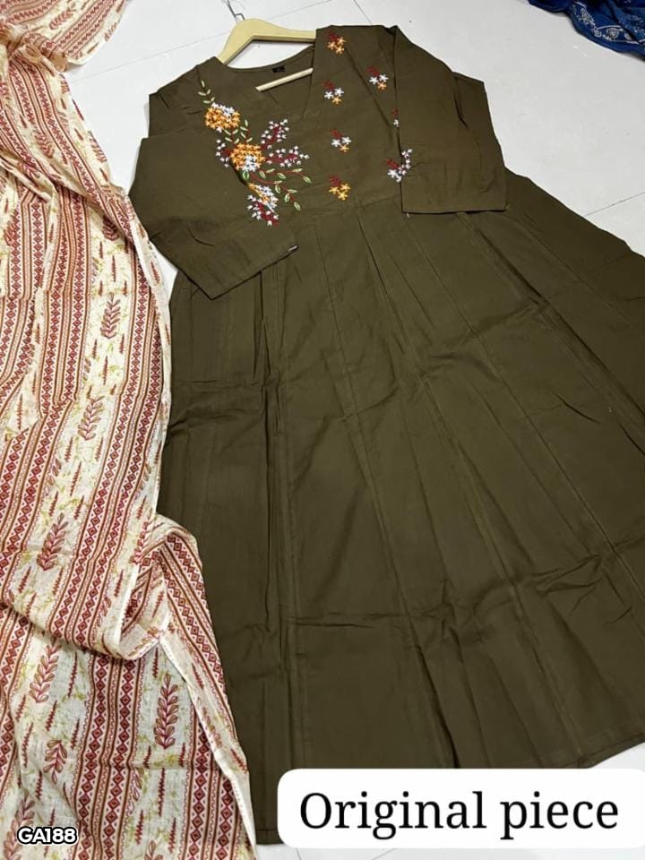 Beautiful Cotton Embroidered Anarkali Kurta Pant Set with Malmal Dupatta