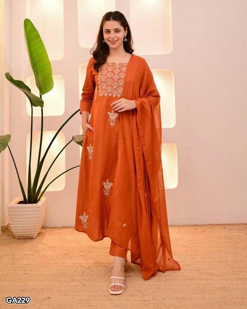 Cotton Embroidery kurti Pant Set With Dupatta