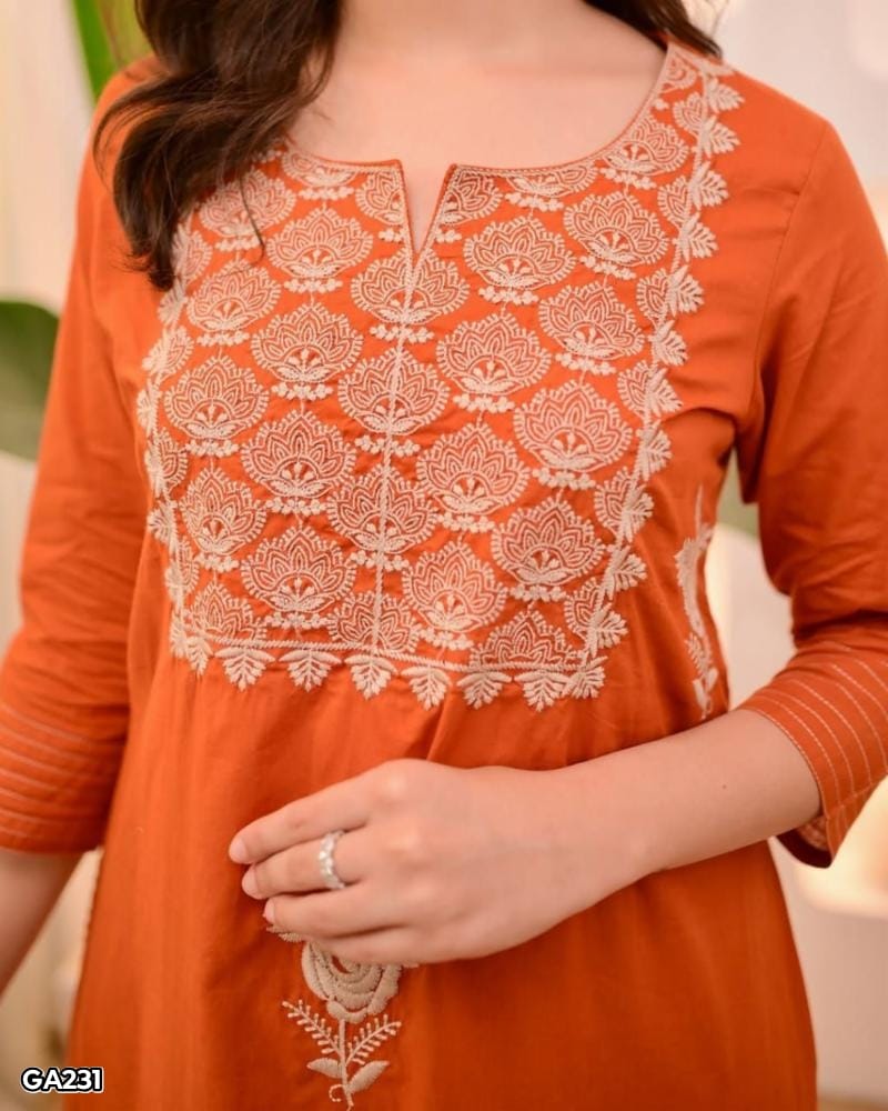 Cotton Embroidery kurti Pant Set With Dupatta